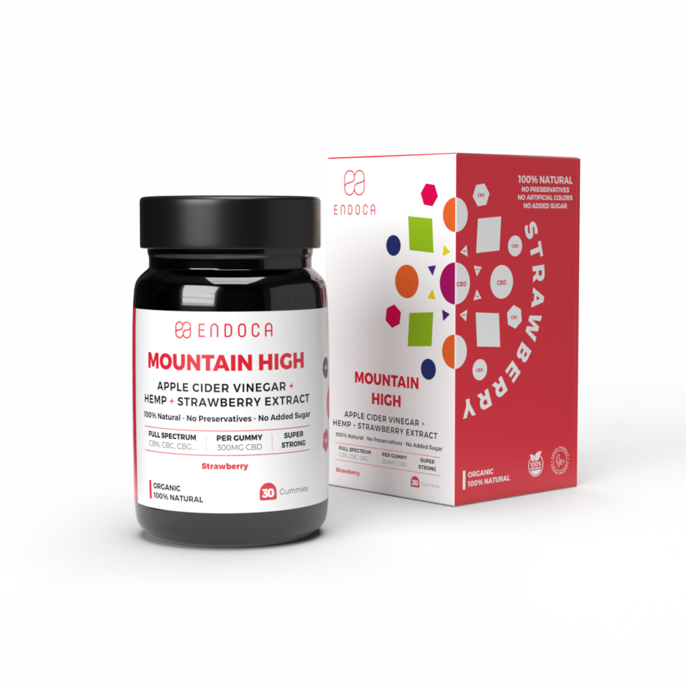 Billedet viser beholderen og emballagen til Mountain High CBD Gummies