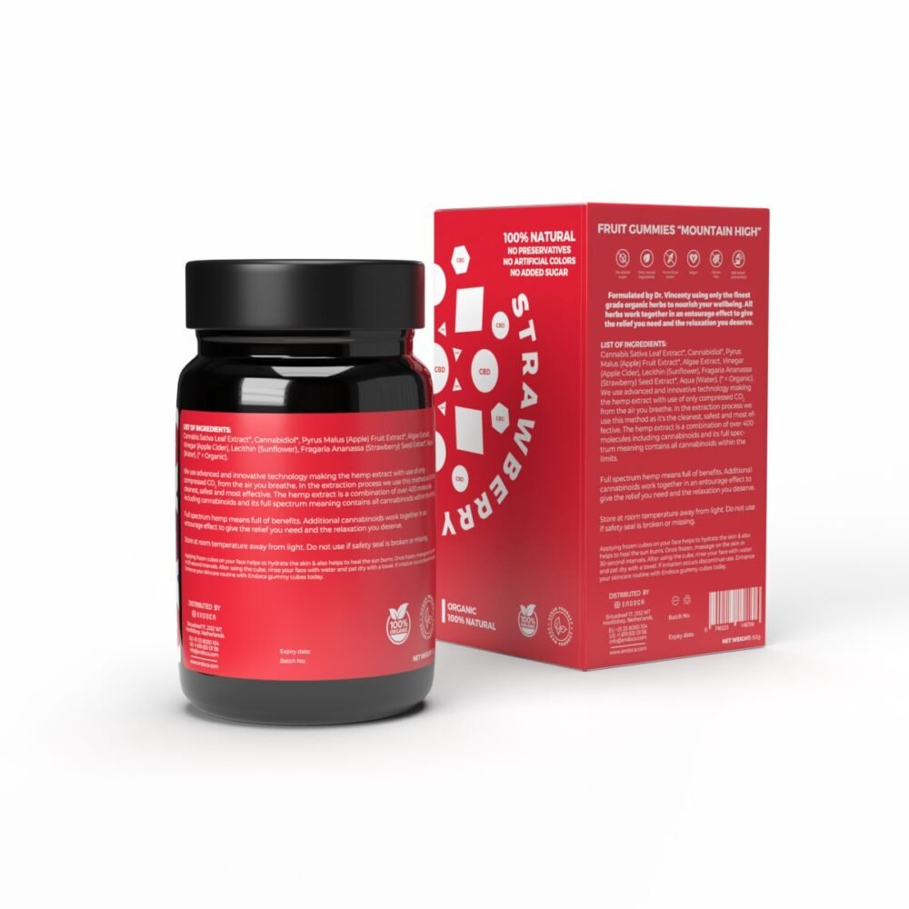 Billedet viser beholderen og emballagen til Mountain High CBD Gummies