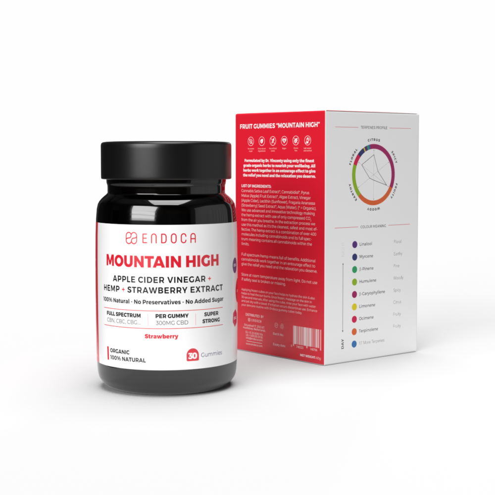 Billedet viser beholderen og emballagen til Mountain High CBD Gummies