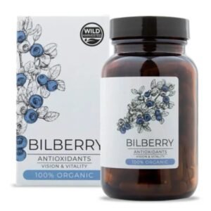 Billedet viser beholderen og emballagen til Organisk Blåbær Kosttilskud