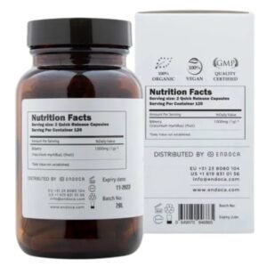 Billedet viser beholderen og emballagen til Organisk Blåbær Kosttilskud bagside