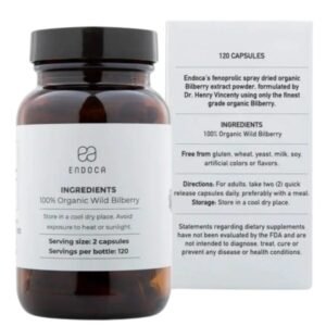 Billedet viser beholderen og emballagen til Organisk Blåbær Kosttilskud bagside