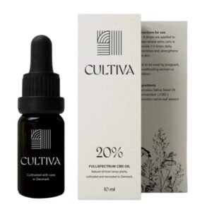 Billedet viser flasken og emballagen til Cultiva CBD Olie 20%