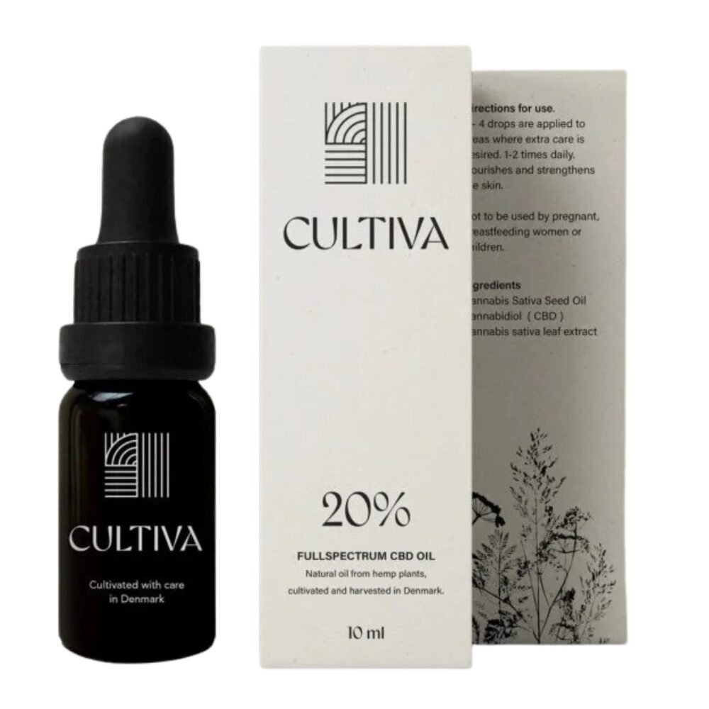 Billedet viser flasken og emballagen til Cultiva CBD Olie 20%