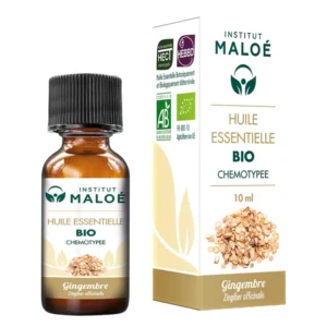 Billedet viser flasken og emballagen af æterisk olie Gingembre fra Institut Maloé