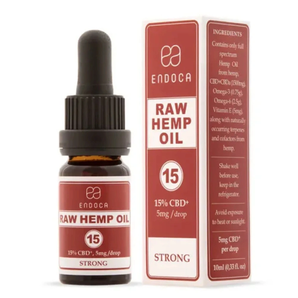 Raw Hemp oil Strong - 10 ml , flaske og emballage fra Endoca