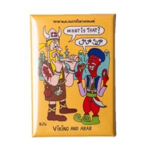 Magnet af Klaus Trier Tuxen af en Viking og Arab i gul