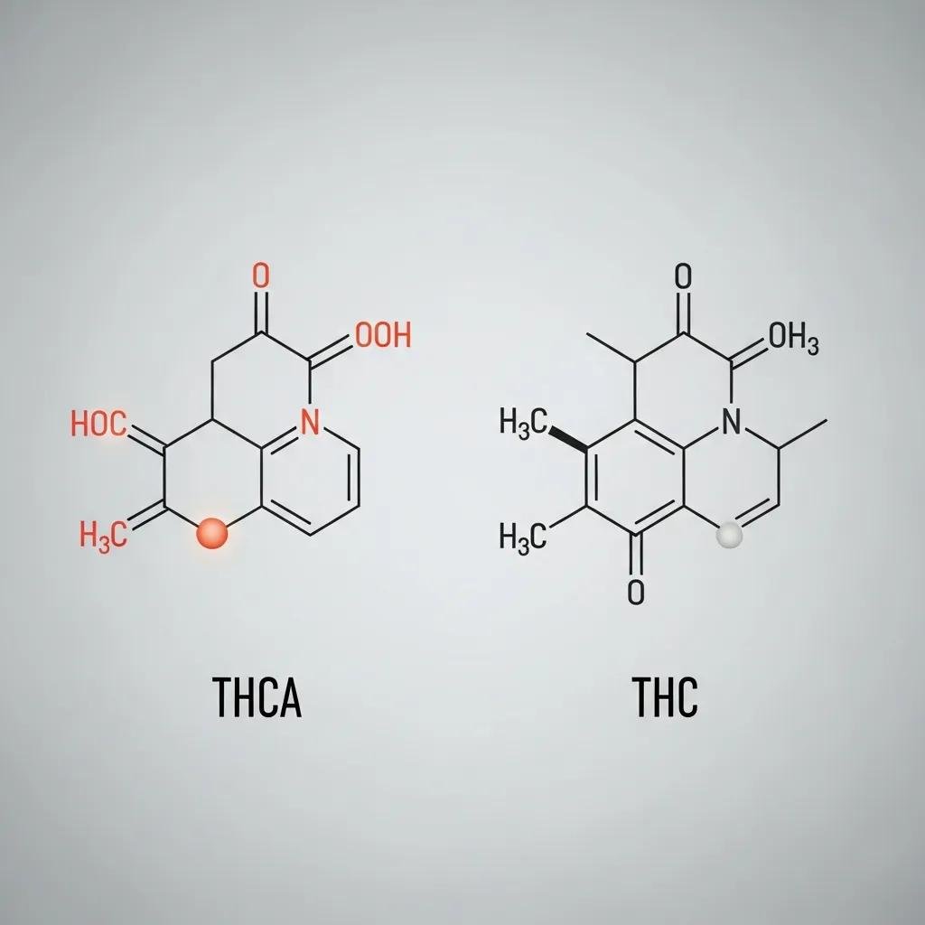 Artistic representation of THCA and THC chemical structures, highlighting differences