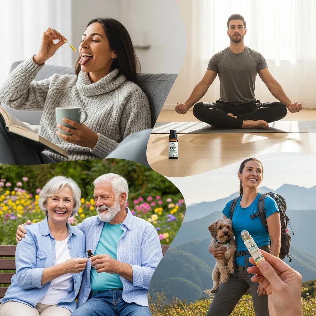 Happy customers using CBD oil in different settings, showcasing positive experiences and wellness