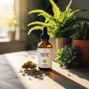 Organic CBD oil bottle on a wooden table with green plants, symbolizing natural wellness