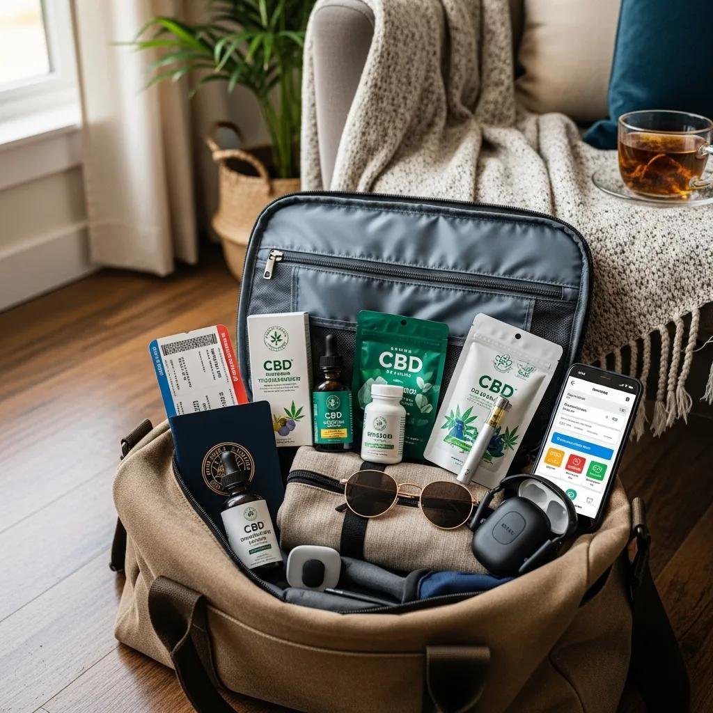 Organized travel bag with CBD products and travel essentials, highlighting preparation for travel