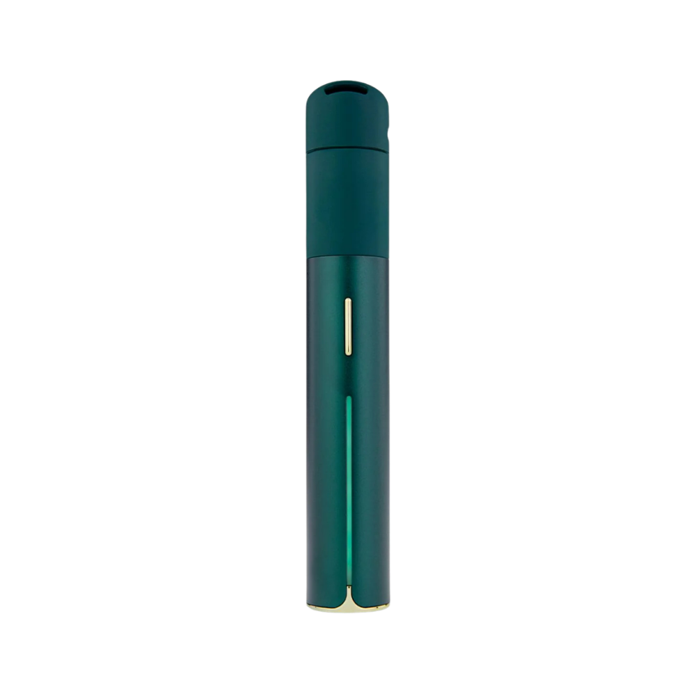 Puffco Pivot bærbar vaporizer i teal-grøn finish med slankt design, LED-lysindikator og kompakt format på sort baggrund.