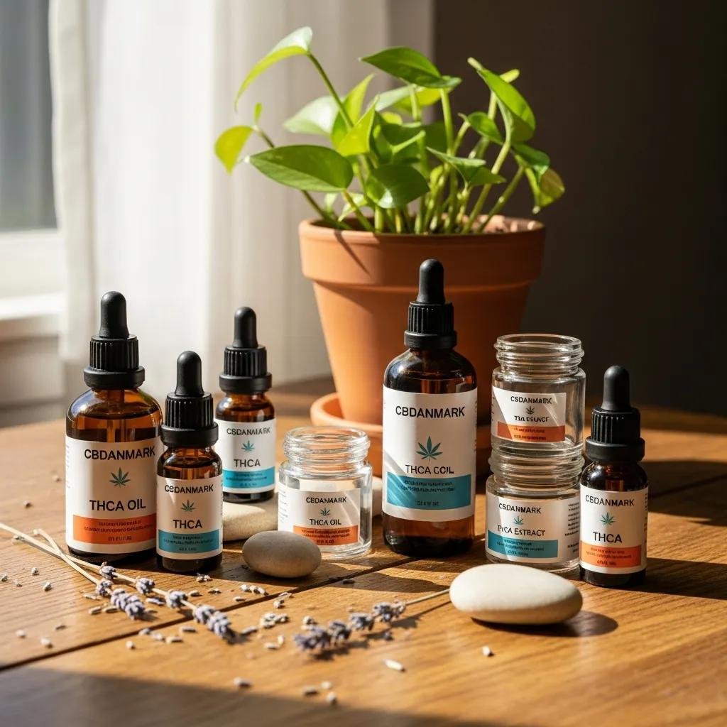 Selection of CBDanmark products containing THCA, arranged on a wooden table