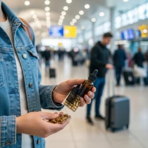 Traveler holding CBD products in an airport, symbolizing travel regulations in the EU